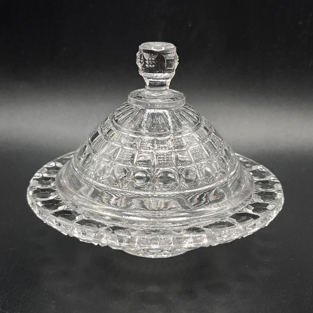 McKee Tappan Child Toy Clear Pressed Glass Round Butter Dish‎ Lid Flying Saucer